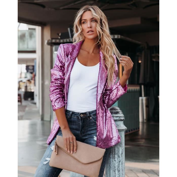 2023 Femmes Paillettes Blazer Sequin Veste Casual Manches Longues Glitter Party Brillant Manteau Rave Survetement Doudoune pour Rose Cdiscount Pret a Porter