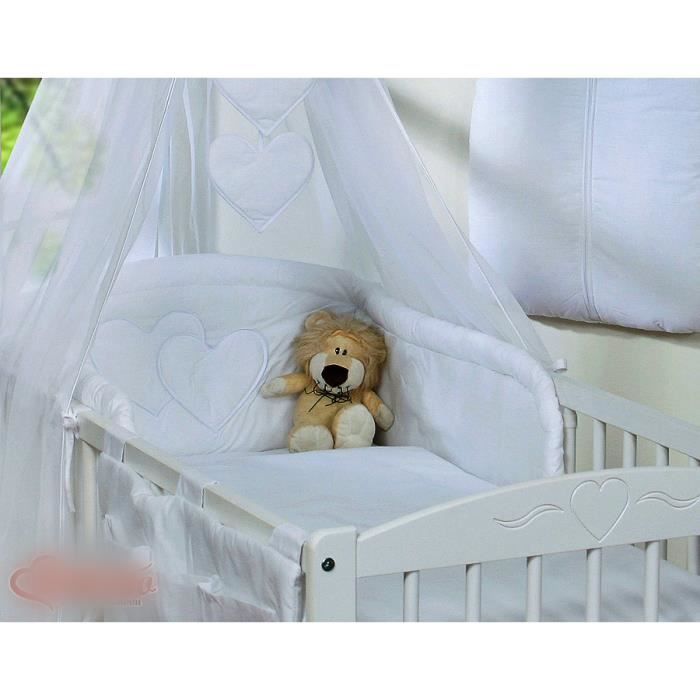 4 pcs ensemble Ciel en Voile Tour de lit bebe 120x60 blanc a coeurs Housses de couette 90x120 et d oreiller