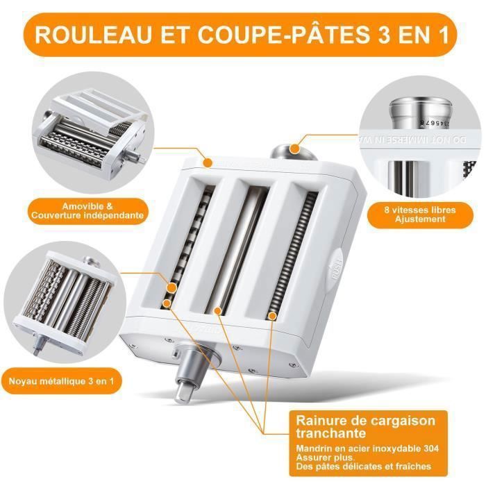 Laminoir à Pâtes 3-en-1 Pour KitchenAid Artisan – Rouleau + Coupe Spaghetti + Coupe Fettuccine + Séchoir + Brosse – Accessoire Pâtes Fraîches