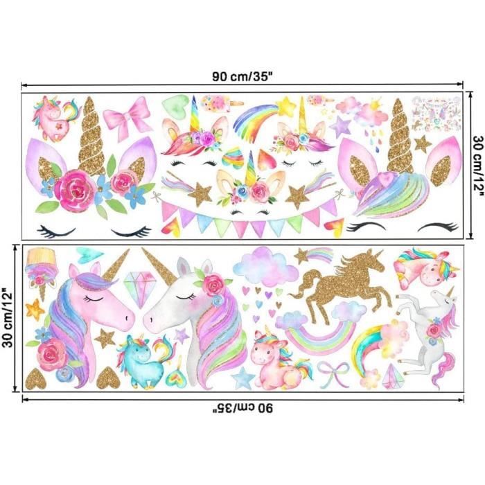Autocollants Muraux Licorne Arc-en-ciel - Déco Chambre Bébé Fille - 2 Feuilles 30x90 Cm - Amovibles