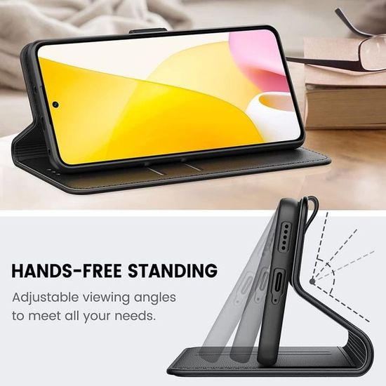 Coque Portefeuille Xiaomi 12/12X/12T Pro/12 Lite - Effet Cuir Noir - Avec Verre Trempé Inclus - Neuf