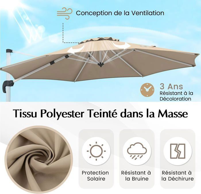 Parasol Jardin Extérieur 3M Inclinable 30° - Toit Triple Ventilé Avec Manivelle - Protection Solaire Terrasse Balcon (Beige)