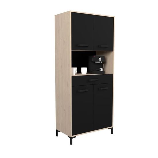 Buffet De Cuisine Haut 5 Portes 3 Tiroirs 140x38.5x175 Cm - Style Moderne Minimaliste Noir/blanc - Rangement Optimisé