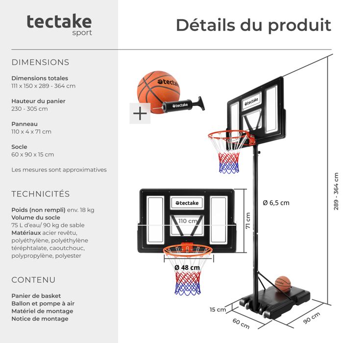Panier de basketball TECTAKE Panier DIRK avec ballon et pompe