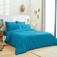 Parure de draps 4 pièces Unicolore Turquoise pour lit 160 x 200 cm "Grande Largeur" 100% coton / 57 fils/cm²-0