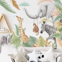 Stickers Muraux Animaux de la Jungle Autocollant Mural Safari Girafe Éléphant Décoration Murale Chambre Enfants Bébé Pépinière Salon