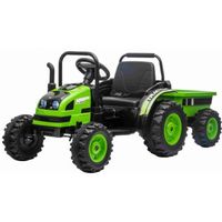 Tracteur électrique POWER avec remorque, vert, traction arrière, batterie 12V, roues en plastique, siège large, télécommande 2,4 GHz
