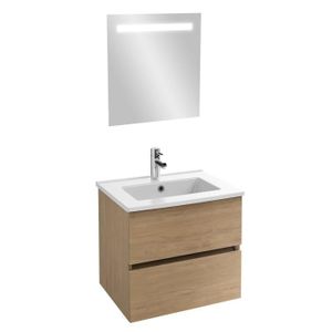 MEUBLE VASQUE - PLAN JACOB DELAFON - Meuble sous-plan Tolbiac chene + plan vasque 61 x 46,50 cm Ola et miroir LED