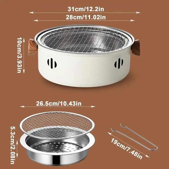 Barbecue Coréen Portable Charbon 34,8 Cm – Acier Inox Anti-Adhésif, Sans Fumée, Idéal Camping Et Maison