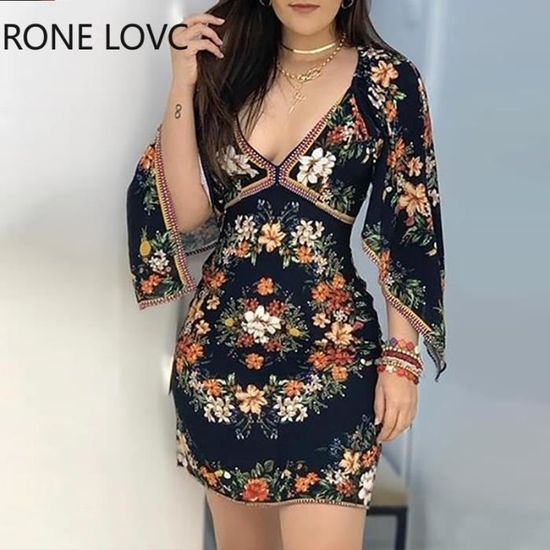 Robe Mini robe elegante et tendance Chic a motif floral robe manches longues plongeant en V plongeant Type Black Blanc Cdiscount Pret a Porter