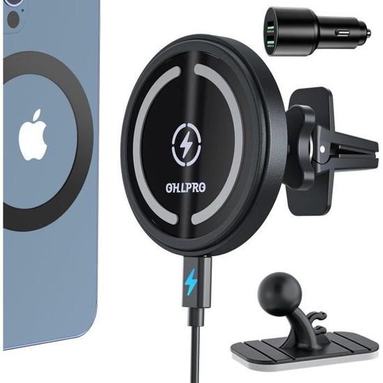 OHLPRO Chargeur Voiture MagSafe 15W - Support Magnétique Sans Fil Pour Tableau De Bord, Compatible IPhone 16/15/14/13/12 Avec Adaptateur QC 3.0