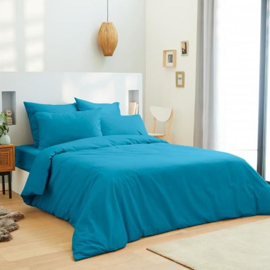 Parure de draps 4 pièces Unicolore Turquoise pour lit 160 x 200 cm "Grande Largeur" 100% coton / 57 fils/cm²