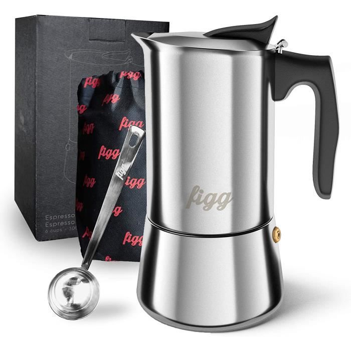 figg Cafetière italienne inox - 200 ml d'espresso - 4 Tasses - Aussi pour plaque à Induction - Avec cuillère de dosage en acier inox