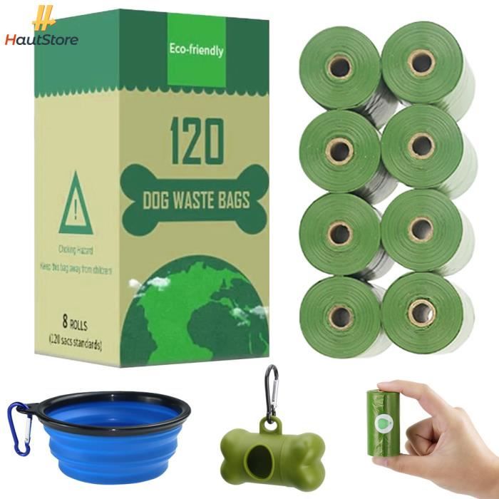 HautStore 120 Pcs Sac à Déjections Canines Étanches Biodégradables pour Chien Chat avec 1 Distributeur + 1 Bol