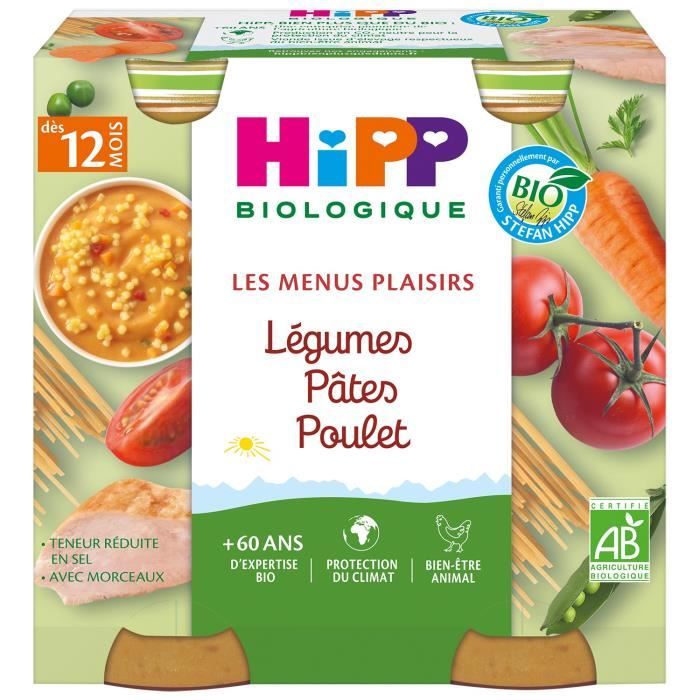 HIPP BIOLOGIQUE Les menus plaisirs Légumes pâtes poulet - 2x250 g - Dès 12 mois