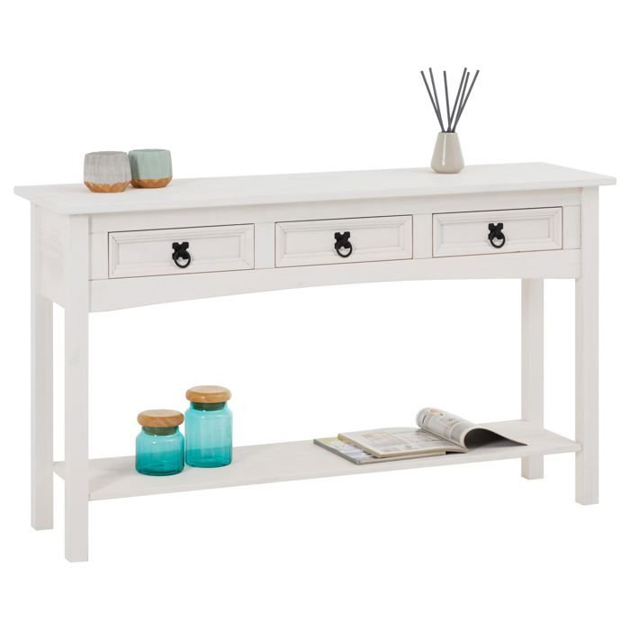 Table console RURAL table d'appoint rectangulaire en pin massif blanc avec 3 tiroirs, meuble d'entrée style mexicain en bois