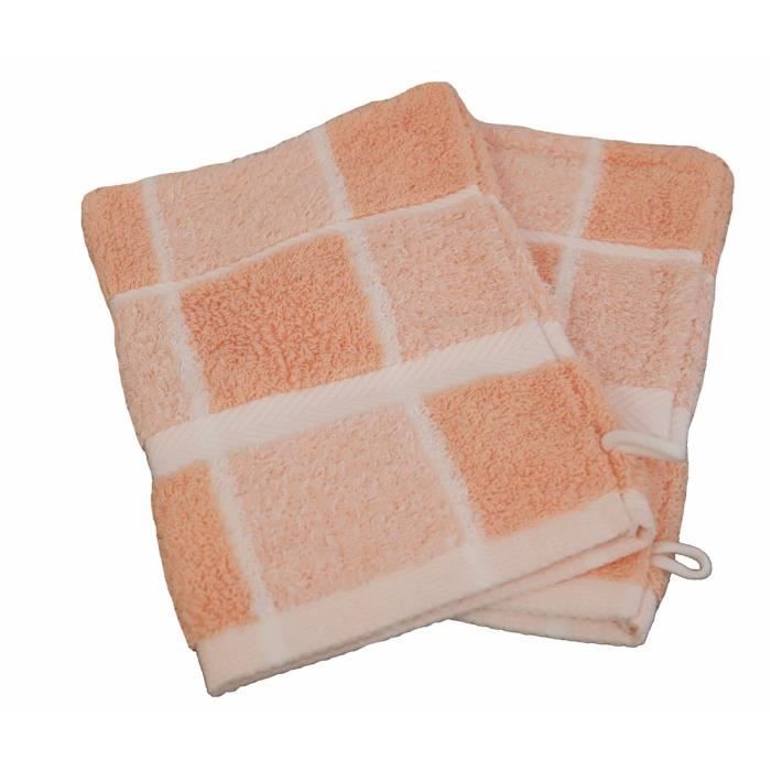 LINANDELLE - Lot de 2 gants de toilette coton bouclette Carreaux CELESTE - Saumon - 15x21 cm