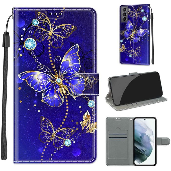 élégant étui Housse Pour Samsung Galaxy S22 Papillon bleu Flip PU Cuir de Protection Cover GAN