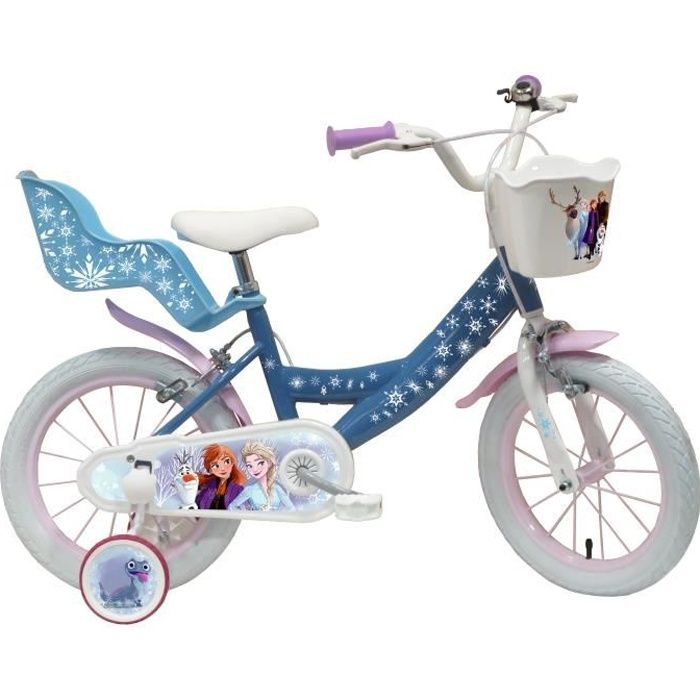 Vélo enfant fille 14'' La Reine des Neiges 2 (3/5 ans) - Coloris Bleu équipé de 2 freins + Porte Poupée & Panier avant