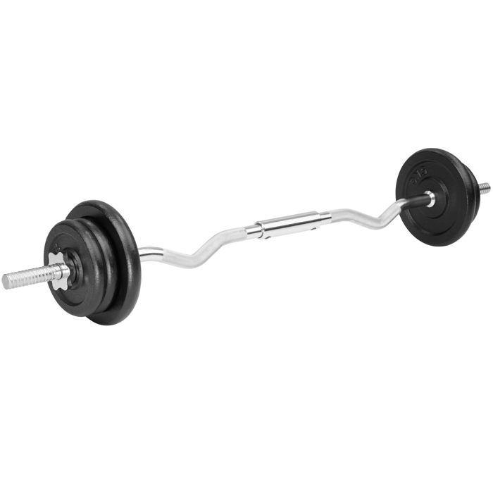 TECTAKE Barre de Curl 120 cm et 6 Disques 4 x 2,5 kg + 2 x 5 kg pour Musculation des bras en Acier