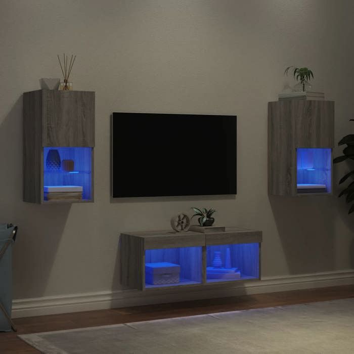 vidaXL Meubles TV Muraux avec Lumières LED 4 pcs Armoires de Télévision Suspendues Meubles Télé Flottants Moderne Sonoma