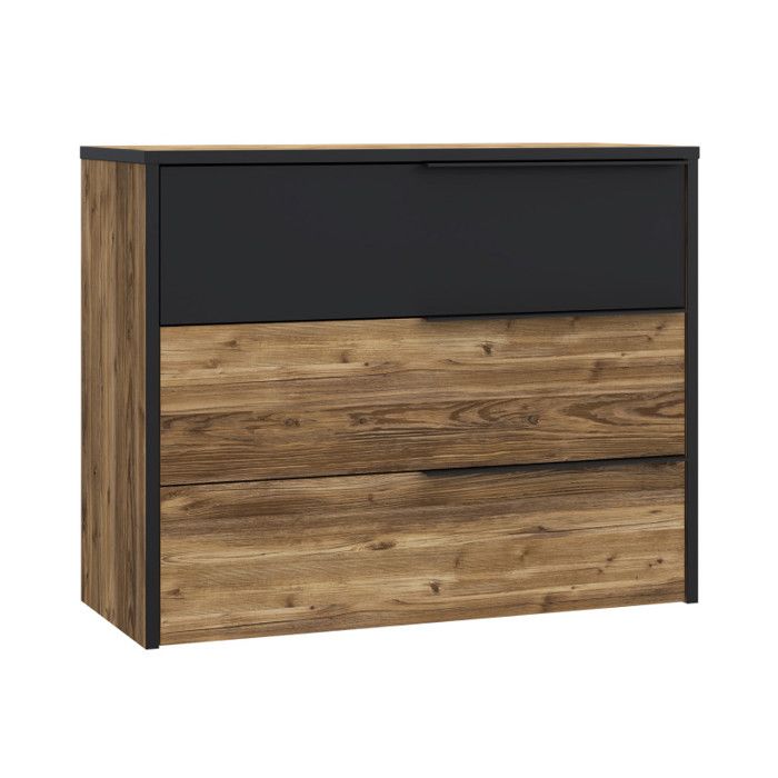 Commode 3 tiroirs H. 80 cm décor bois dépicéa et noir mat - CELIA Meubletmoi