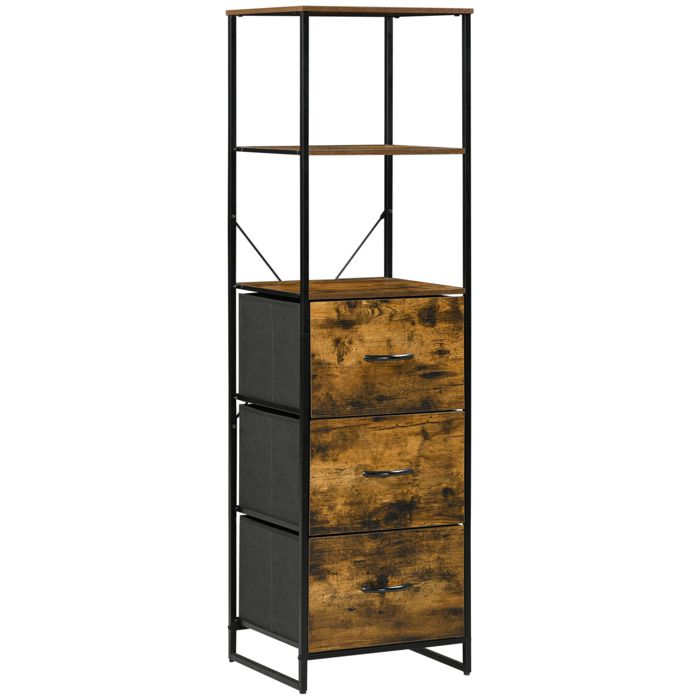 Meuble de rangement - HOMCOM - avec étagères et 3 tiroirs en tissu - style industriel - dim. 44L x 40l x 155H cm marron
