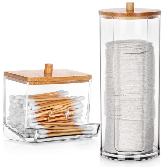 VILDE Lot de 2 Boite de rangement pour salle de bain pour Coton et Coton-tige - Couvercles en bambou - pour tampons cosmétiques
