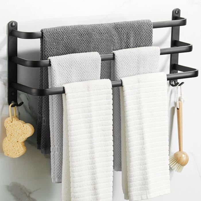 Porte-serviettes mural 3 barres 40 cm - aluminium noir mat fixation adhésive ou à vis