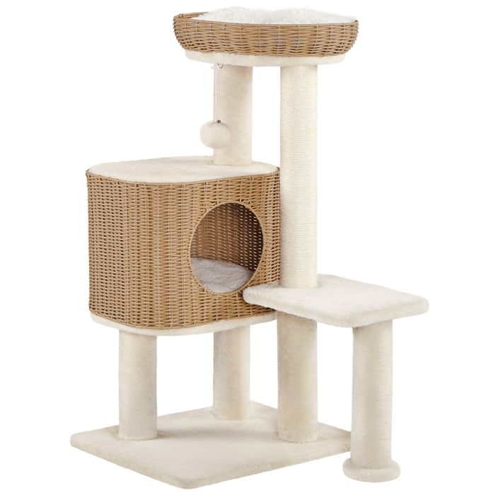 Meilleurs prix pour Yaheetech Arbre à Chat en Polyrotin avec Griffoir en Sisal Panier Tressé avec Coussin Boule Suspendue Beige