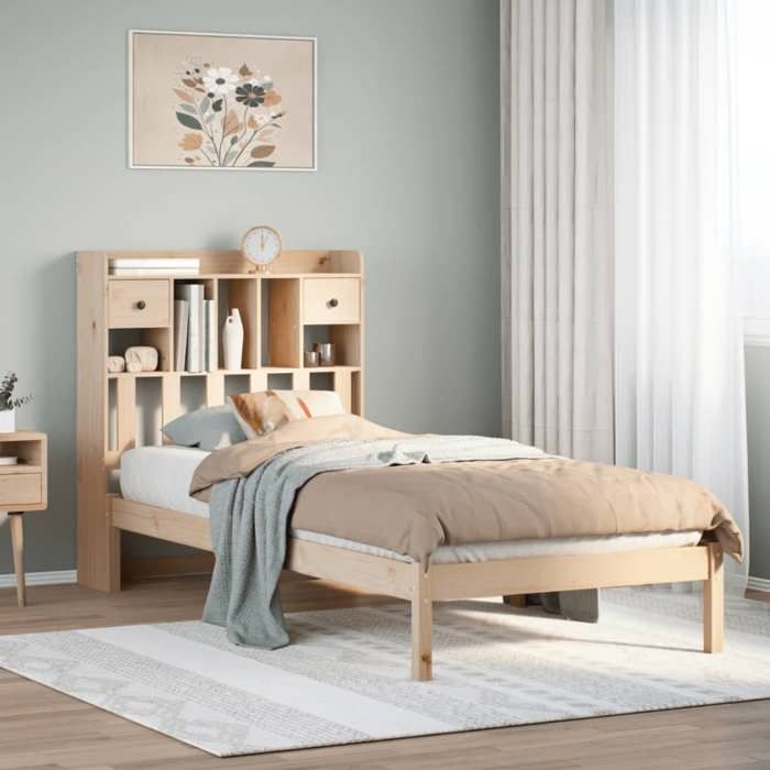 Lit simple Adulte Lit bibliothèque - SOLOMON - 90x190 cm bois de pin massif JILLS 43321