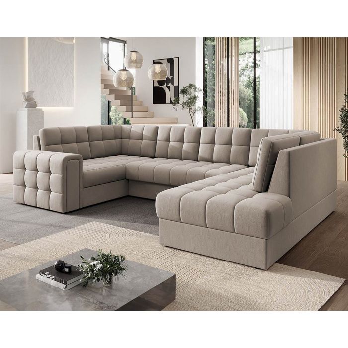 Nappa - Canapé panoramique dangle gauche 7 places convertible avec coffre en velours - Beige