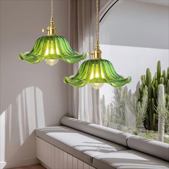 Suspension Luminaire - Lustre à Fleur Créative - Verre vert Ø25 cm - 2x E27 - Vintage/Scandinave