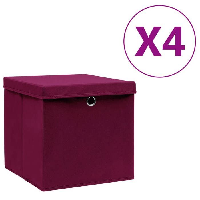 Boîtes de rangement pliables - vidaXL - 28x28x28 cm - Rouge foncé - Tissu intissé - Pliable - Lot de 4 - Avec couvercles