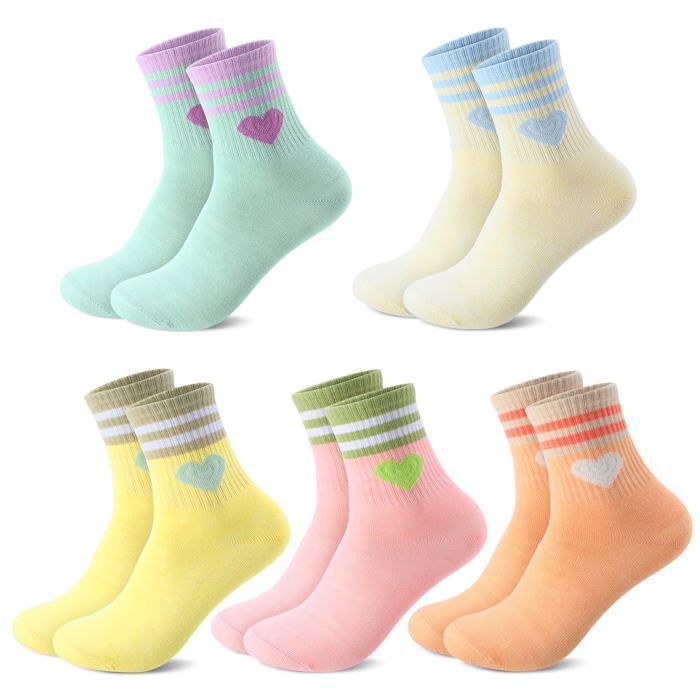 Chaussettes sport enfant fille - 5 paires rayées/cœur pointures UK 1-4 5 - Convient pour quotidien