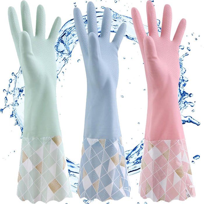 PVC Gants de Vaisselle Sans Latex, Gants de Ménage Antidérapants avec Doublure en Coton, Pour Nettoyer la Maison, la Voiture, la Salle de Bain, les WC, 3 Paires (Bleu Vert Rose