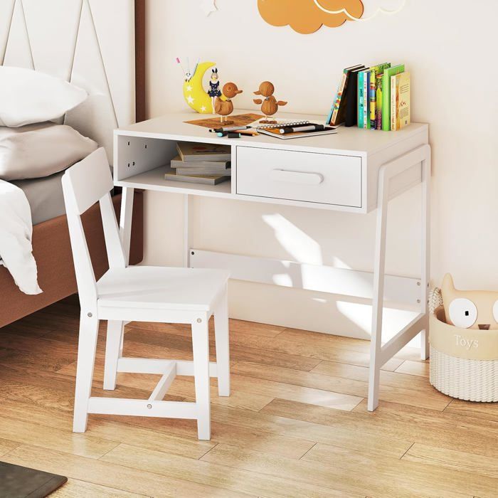 GIANTEX Bureau Enfant 3 Ans+ avec Chaise-85x48x70CM-Ensemble de Bureau dÉtude en Bois avec Tiroir-Blanc
