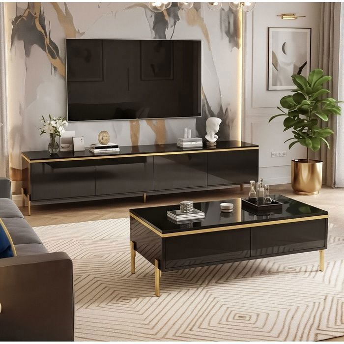 Ensemble Meuble TV et Table Basse - 170/100cm - Design Luxe - Rangement Spacieux - Haute Brillance - Noir et Or