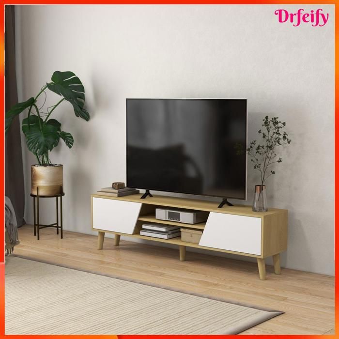 Meuble TV - AKOZON - 8368 - pour TV jusquà 65 pouces - 2 portes & 2 niches - Scandinave 150x30x42 cm