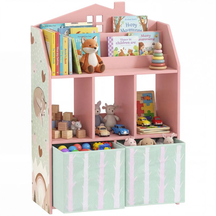Meuble rangement enfant - AIYAPLAY - bibliothèque - étagères ouvertes et 2 tiroirs en tissu - MDF - 625 x 30 x 915 cm - rose