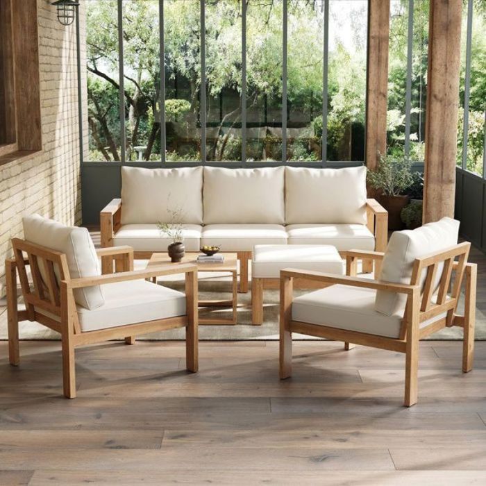 salon de jardin exterieur pour 4-6 personnes structure acacia table trois places deux chaises repose-pieds table basse naturel crè 。