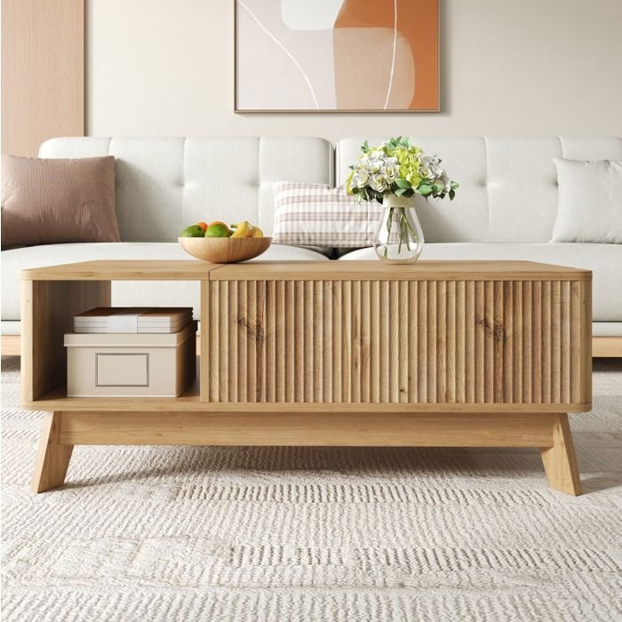 Table basse relevable effet ondulé 3D en MDF naturel avec rangement