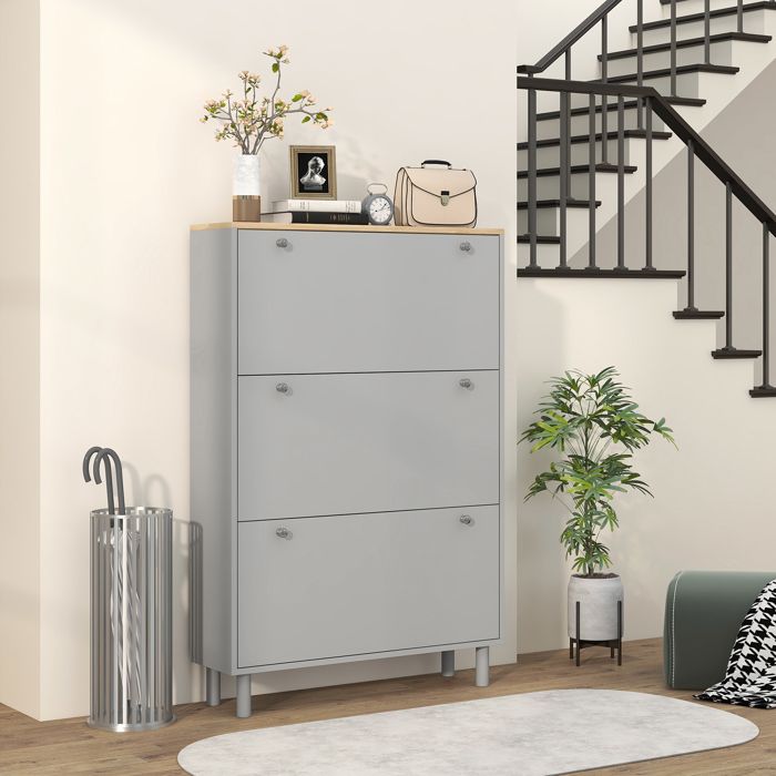 MOTHINESSTO4125-Meuble à chaussures 24 paires avec 3 tiroirs rabattables et étagères réglables 80x235x121cm gris