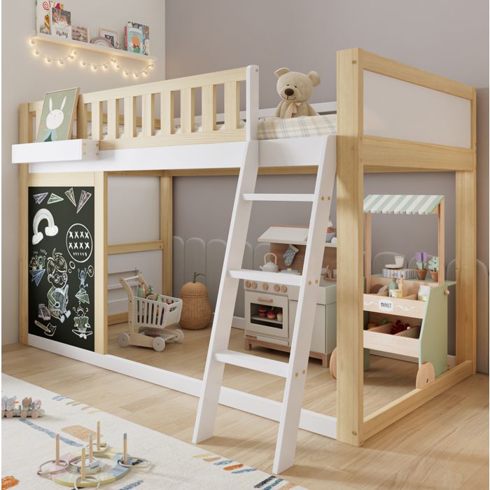 Lit mezzanine enfant 90x200 cm avec tableau boîte de rangement échelle inclinée blanc naturel