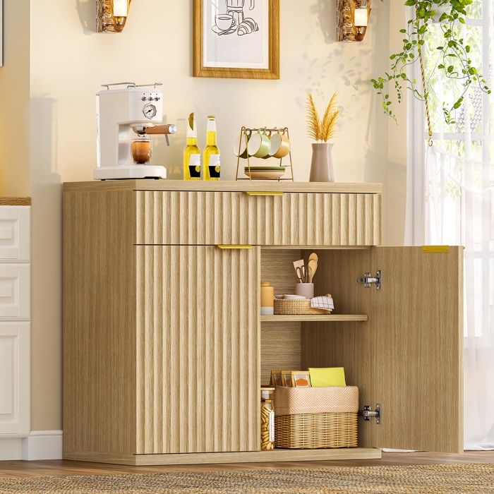 TEENFON Buffet avec Tiroir Meuble de Cuisine avec armoires Étagère Réglable 80x38x80cm Naturel