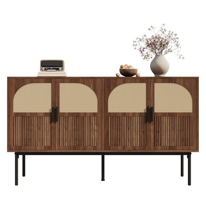 Buffet Bahut Moderne en Rotin Naturel et Bois de Noyer Meuble de Rangement Salon avec 4 Portes et Pieds en Acier 140L x 40l x 80