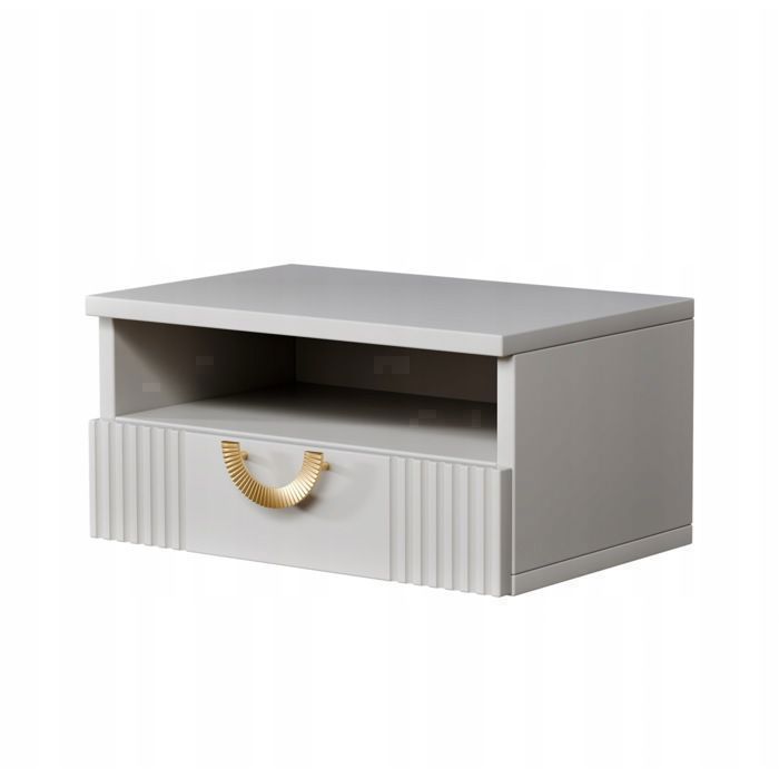 Table de chevet suspendue Cachemire /Beige avec façade rainurée et poignée décorative dorée 1 tiroir+ 1 niche 45x30x22cm