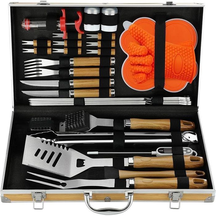 30Pcs Set Barbecue Accessoire en Acier Inoxydable de Haute Qualité - Outils Barbecue Professionnel - Marron