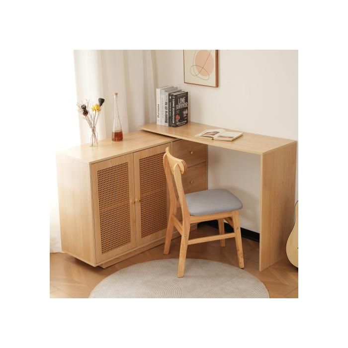 Bureau d’Angle L avec Plateau pivotant 360° et 3 tiroirs Meubles de Bureau avec étagères réglables et 2 Portes Bureau ou Coiffeuse