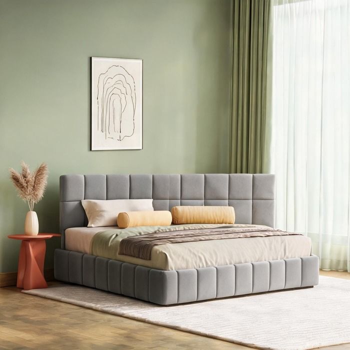 Sofa-lit en velours chiné gris 160x200 cm - Design Mid-Century - Sommier à lattes inclus